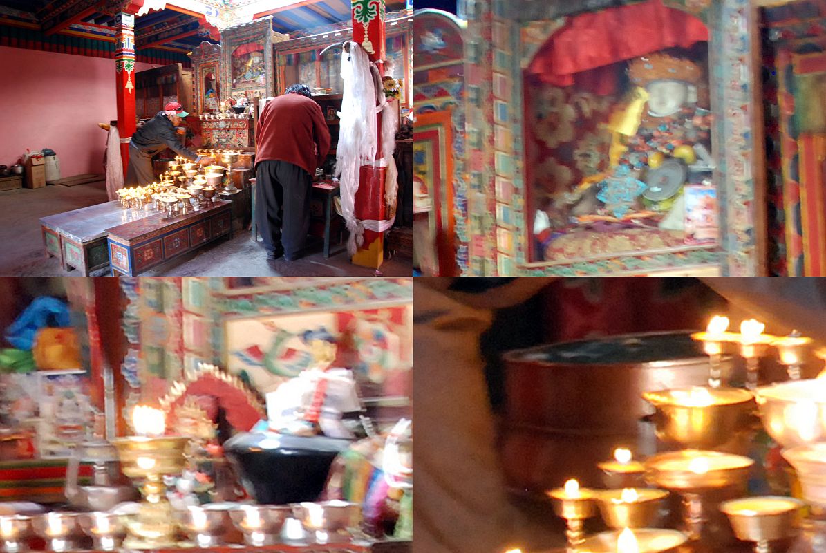 14 Inside Chuku Nyenri Gompa White Amitabha, White Conch Shell, Copper Cauldron On Mount Kailash Outer Kora But the statue most enshrined in pilgrims� awe is barely discernible. Less than quarter lifesize, and so swagged in jewelry that no arm or even neck emerges, the white marble image of the Amitabha Buddha is the oldest and most precious of Kailas. Under its mandarin crown the pale face gazes, emptied of expression. Its eyes seem closed, its smile barely starting. It is said to be �self-manifest�, shaped by its own will from the stone, and to have flown here from its birthplace in the milky waters of an Indian lake. Encased beside it is the white conch shell blown by the saint Naropa a thousand years ago, and near the altar a huge cauldron of chased copper, floating with lights, is the pot where he brewed his tea. These three relics are treasured as the body, mind and speech of the Buddha. � To A Mountain In Tibet � Colin Thubron.